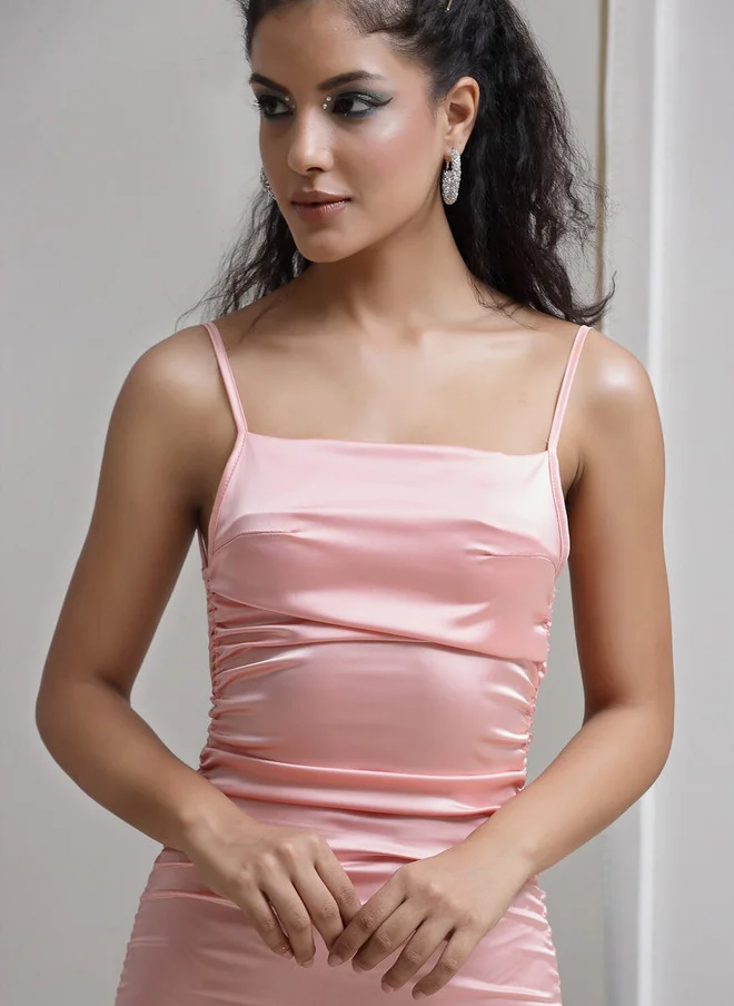 PRIZO PRIZO Shoulder Straps Gathered Satin Bodycon Mini Dress